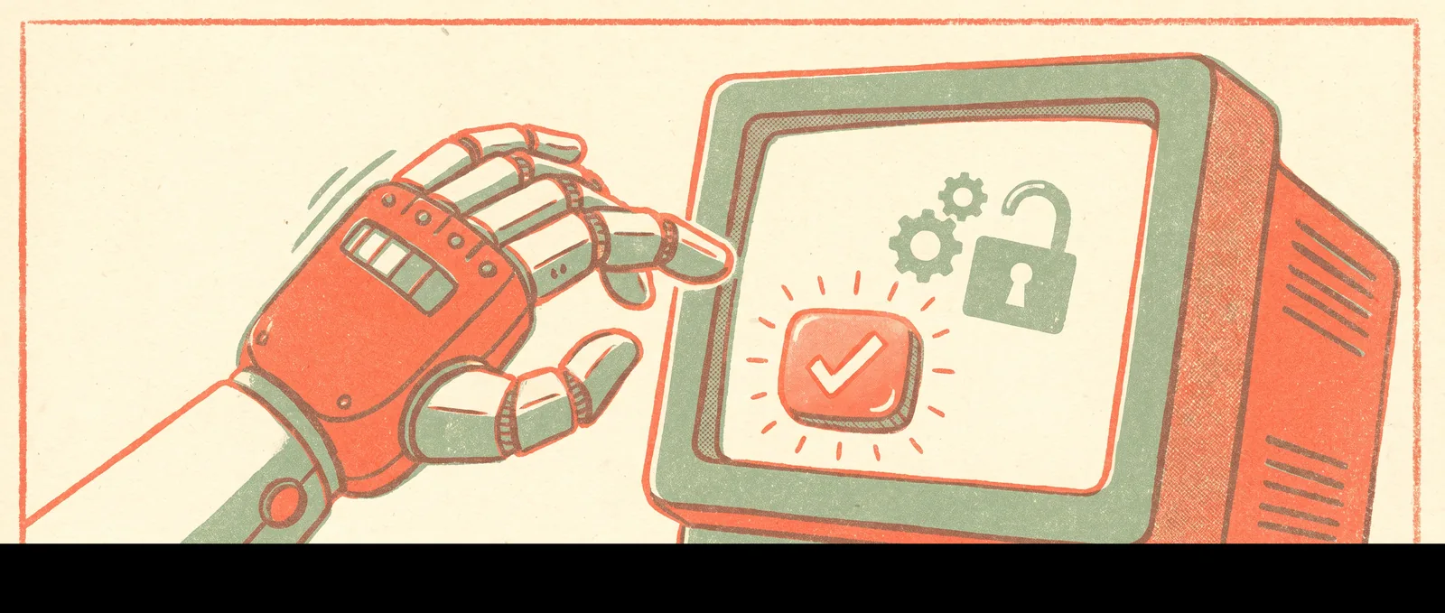 Risograph illustration: a friendly robot hand hovering over a computer screen with a small coral 'confirm' button — using AI agents safely.