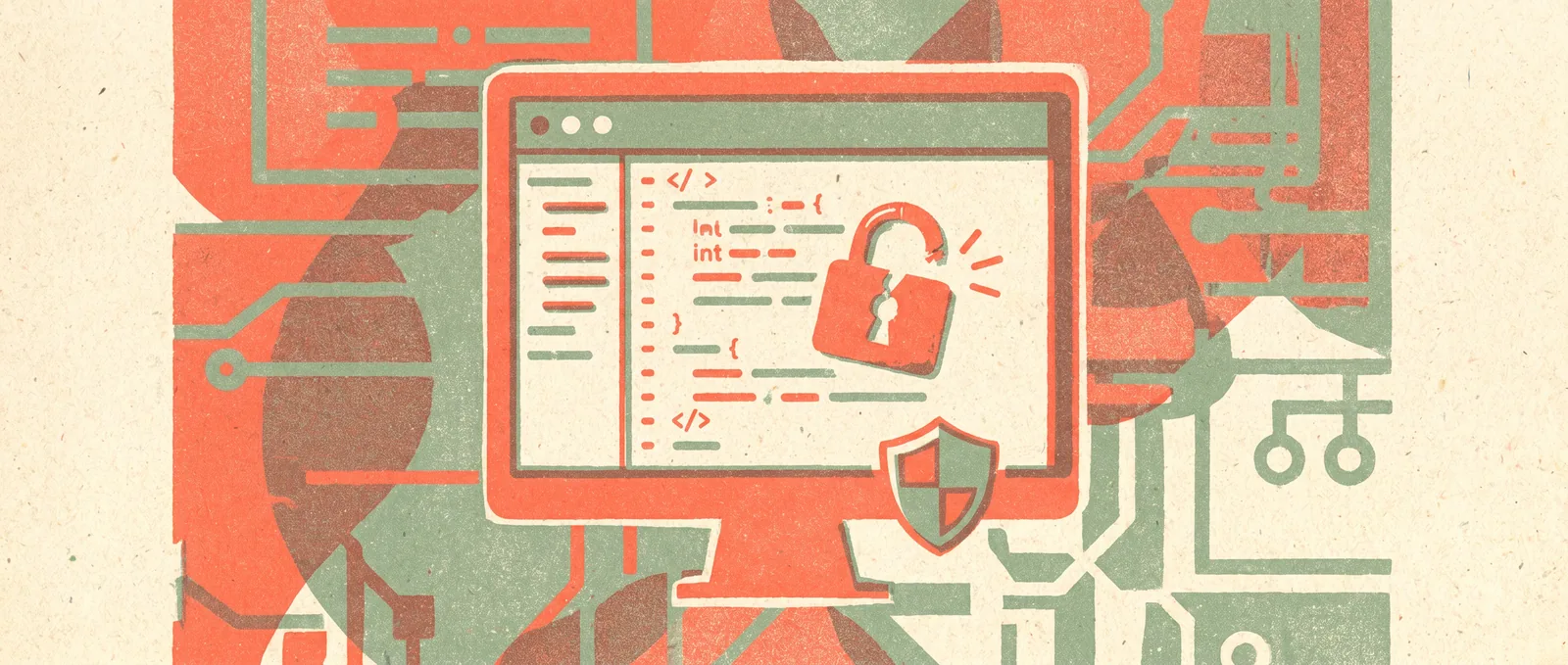 Risograph illustration: a code editor with a coral padlock cracking open beside a small shield — two security flaws in Cursor, now patched.