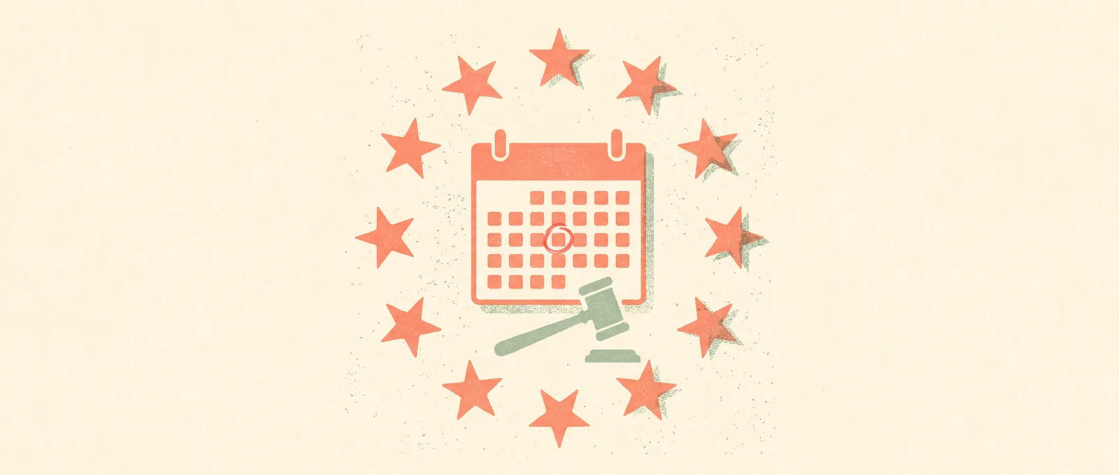 Risograph illustration: a ring of stars around a calendar and small gavel with one coral date circled — the EU AI Act high-risk deadline.