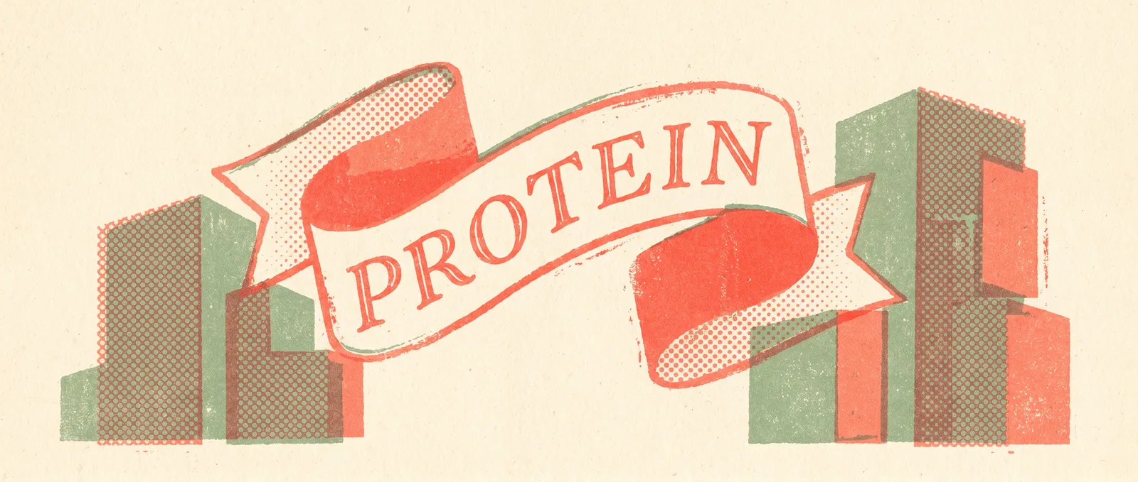 Risograph illustration: a folded protein shape in coral moving between two research buildings — a Nobel-winning scientist changing AI labs.