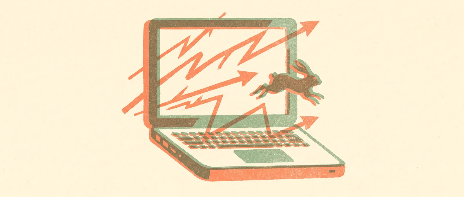 Risograph illustration: a laptop with coral speed lines and a sprinting rabbit — a big speed boost for local AI on Macs.