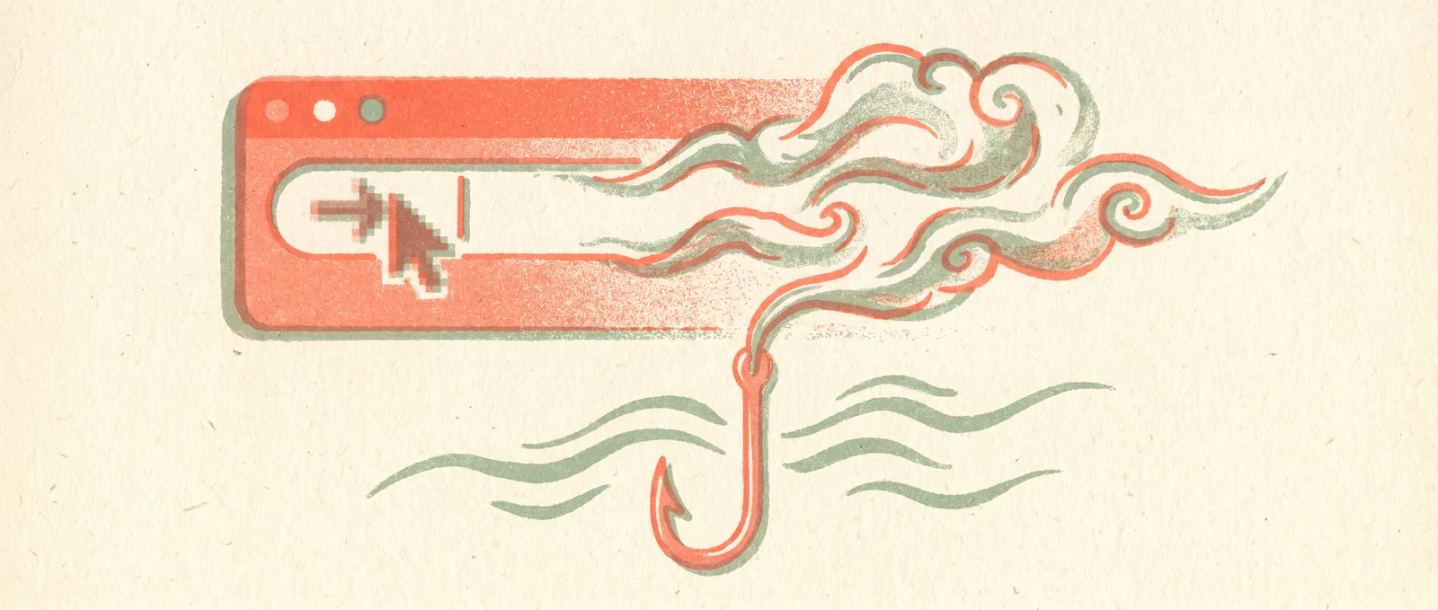 Risograph illustration: a browser address bar dissolving into vapour with a small coral hook — fake web addresses invented by AI as traps.