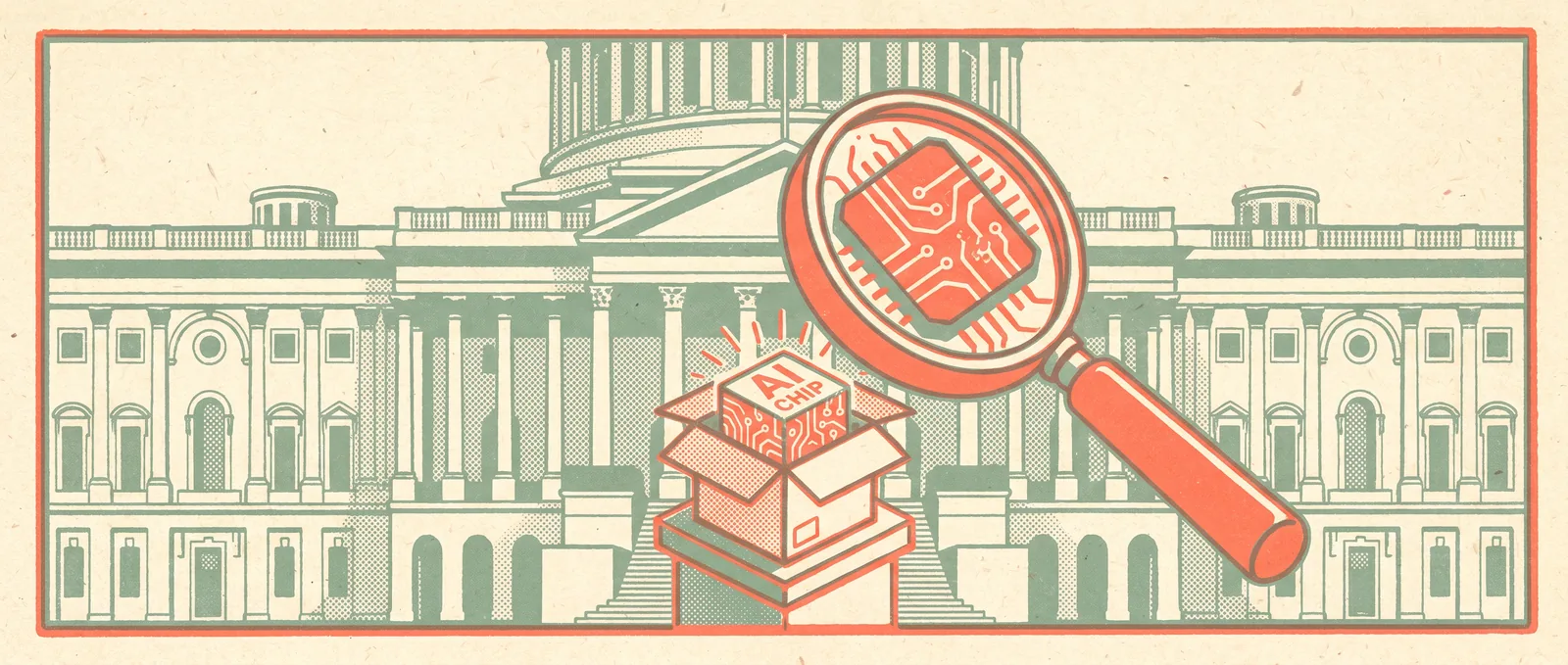 Risograph illustration: a government building with a coral magnifying glass inspecting a boxed AI chip — a government preview of new AI models.