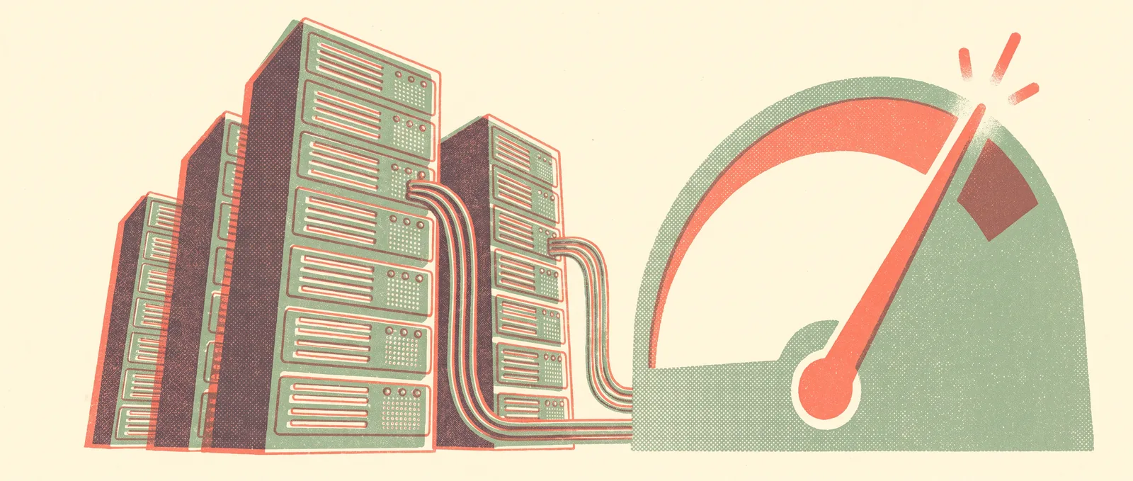 Risograph illustration: stacked data-center towers feeding a rising power gauge with a coral marker — Anthropic's 3.5 GW compute deal.