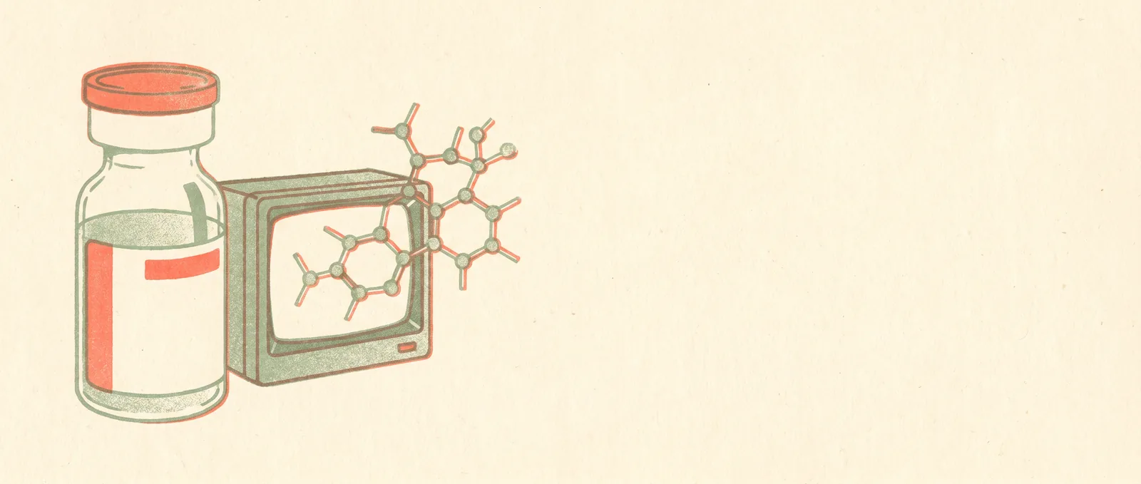 Risograph illustration: a vaccine vial beside a molecular lattice from a screen, one coral accent — an AI-designed vaccine in human trials.