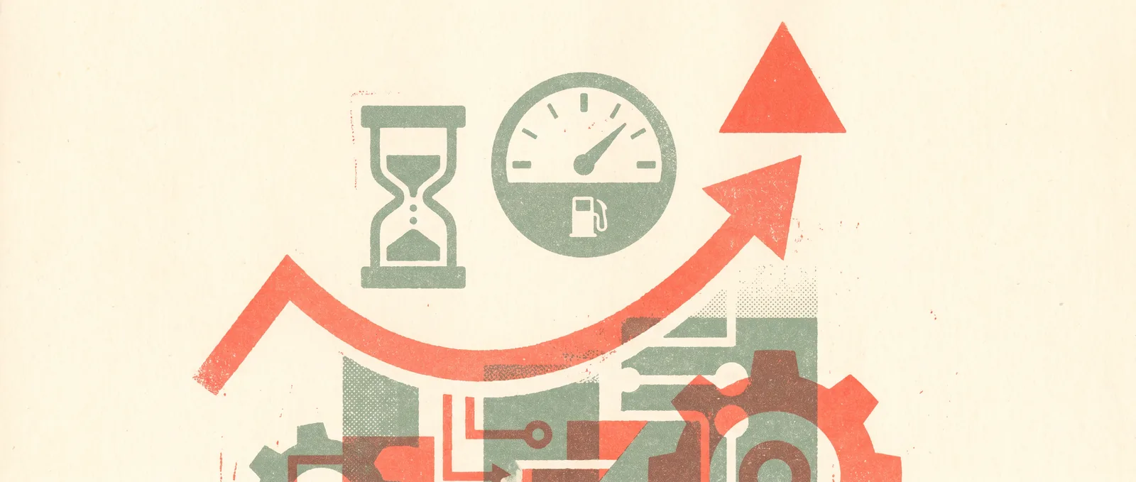 Risograph illustration: a rising performance curve past an hourglass and fuel gauge with a coral peak — AI agents doing more when given more time.
