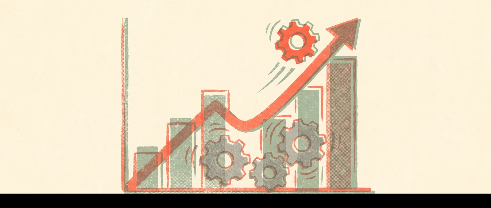 Risograph illustration: one small coral gear outperforming oversized grey gears on a chart — a small custom model beating the giants.