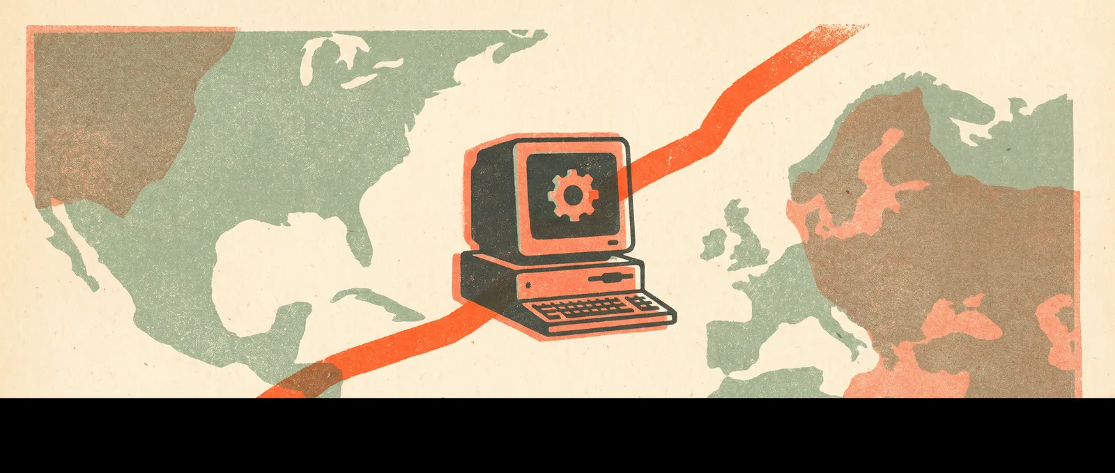 Risograph illustration: a coding tool caught between two landmasses split by a coral barrier — a developer tool blocked on both sides.