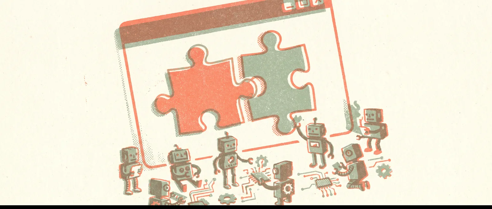 Risograph illustration: two puzzle pieces merging into one app window with tiny background robot helpers, one coral accent — a merged Copilot with background agents.
