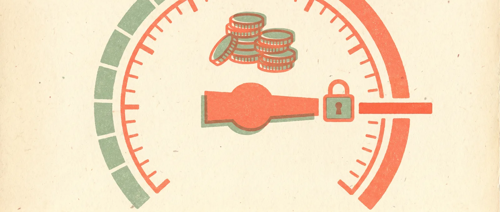Risograph illustration: a spending gauge with a firm coral cap and a small stack of coins — a weekly limit on AI spending.