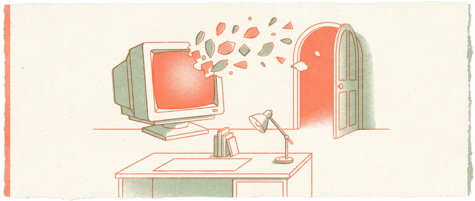 A computer monitor dissolving into drifting geometric petals above a tidy desk, with a doorway of light behind