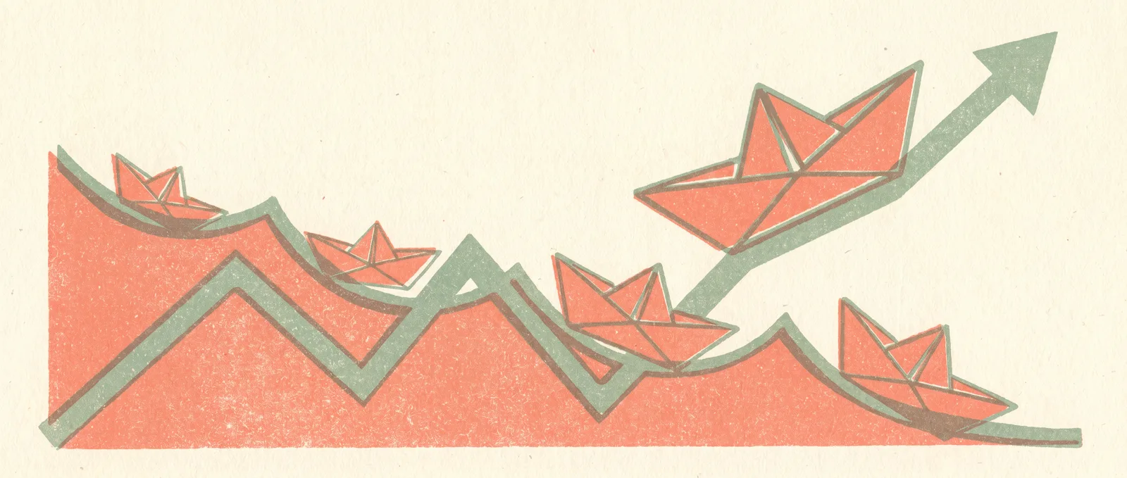 Paper boats sailing a falling line-chart ocean, several capsizing while one rides a rising line upward