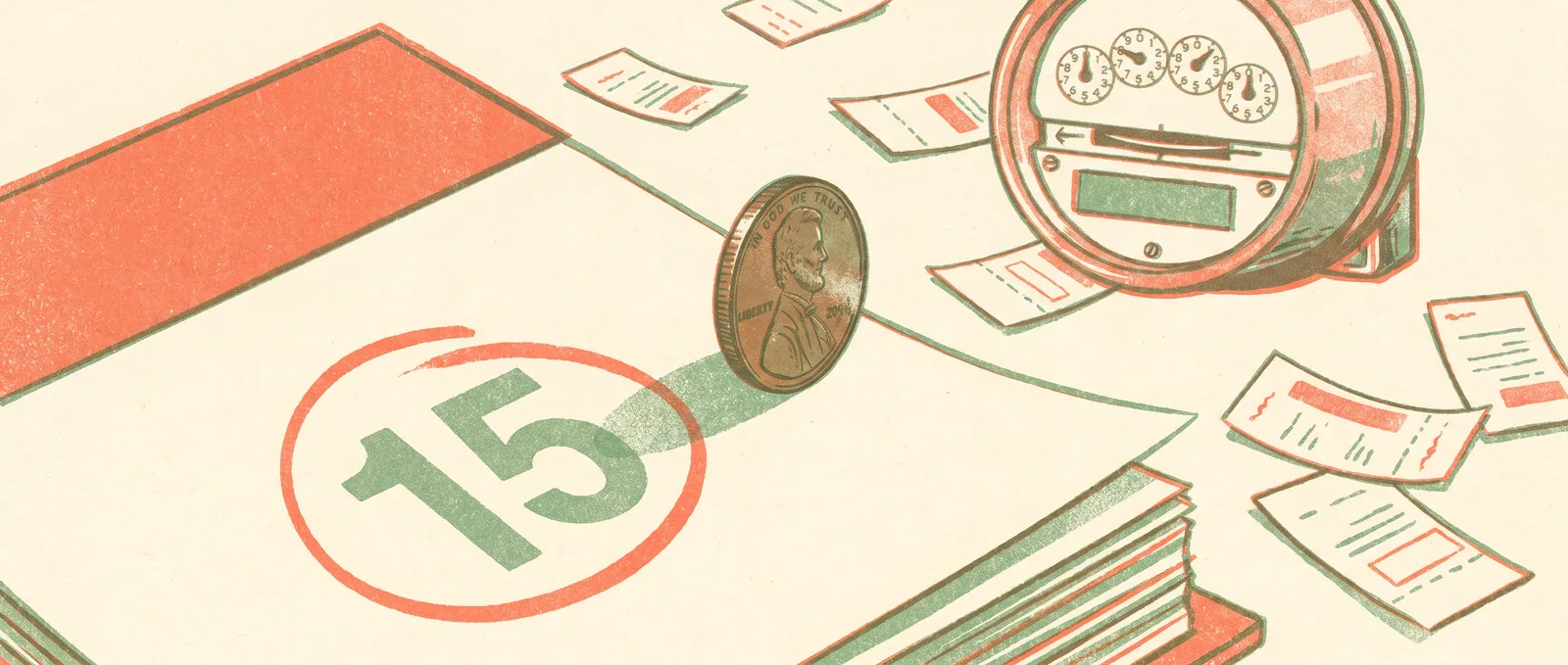 A calendar page with one day circled, a coin balanced on its edge and a vintage utility meter beside it