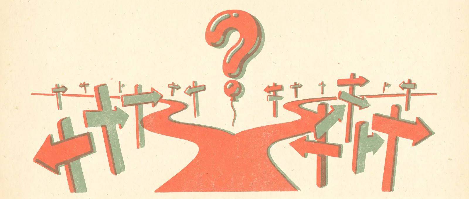 A path forking through a field of contradictory signposts beneath a floating question-mark balloon