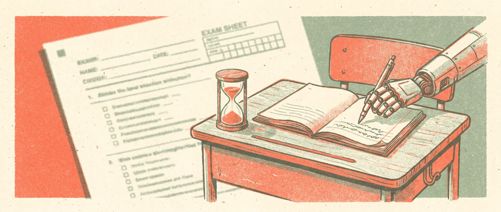 A robotic arm filling in a school notebook while an hourglass drains and an exam sheet fades in the background
