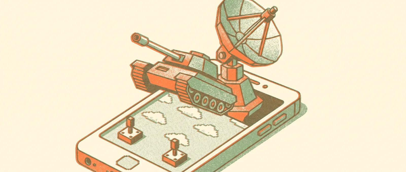 A retro tank and radar dish rising out of a smartphone screen under pixel-art clouds