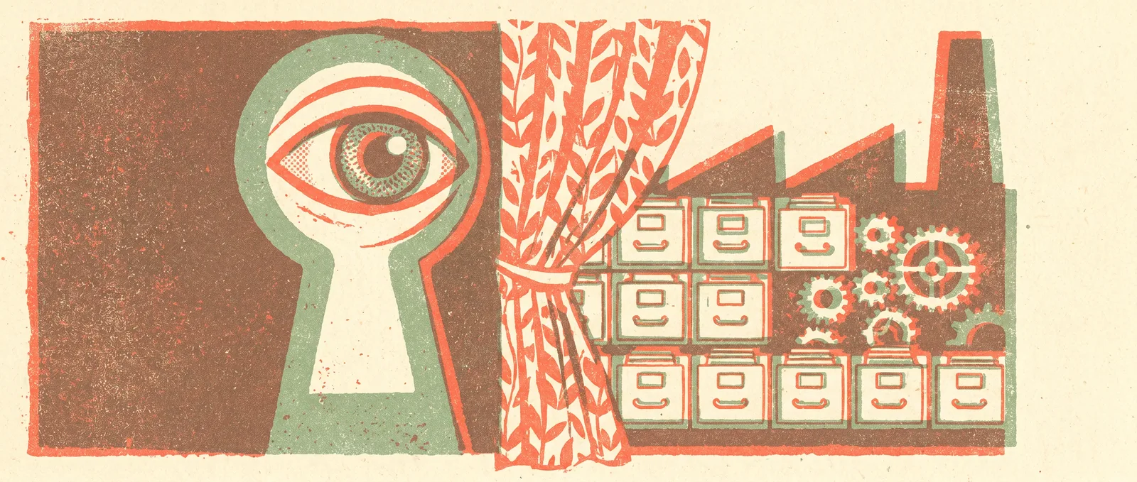 A large eye peering through a keyhole at a factory of file drawers and gears, a curtain half-drawn against the gaze