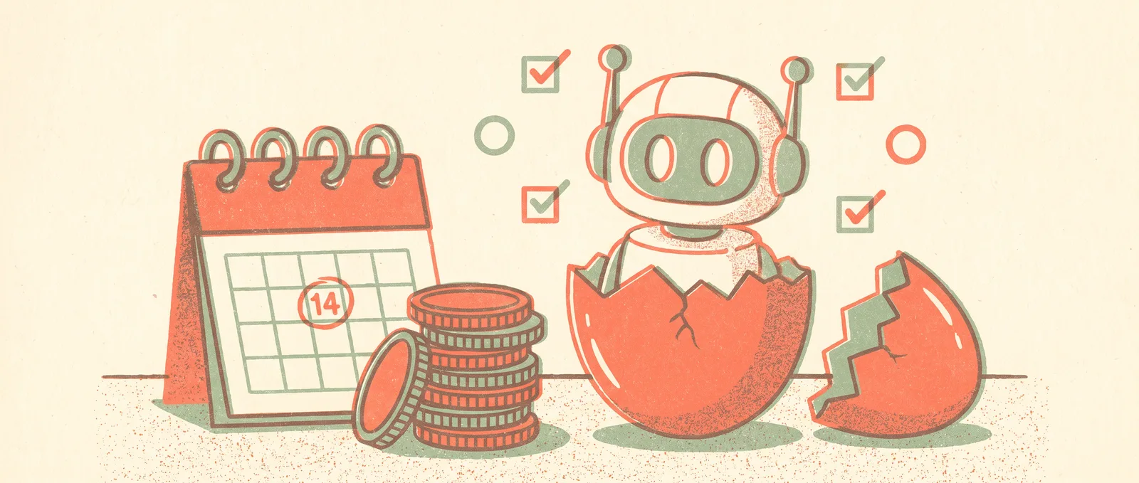 Risograph illustration of a small robot hatching from an egg beside a stack of coins and a calendar page