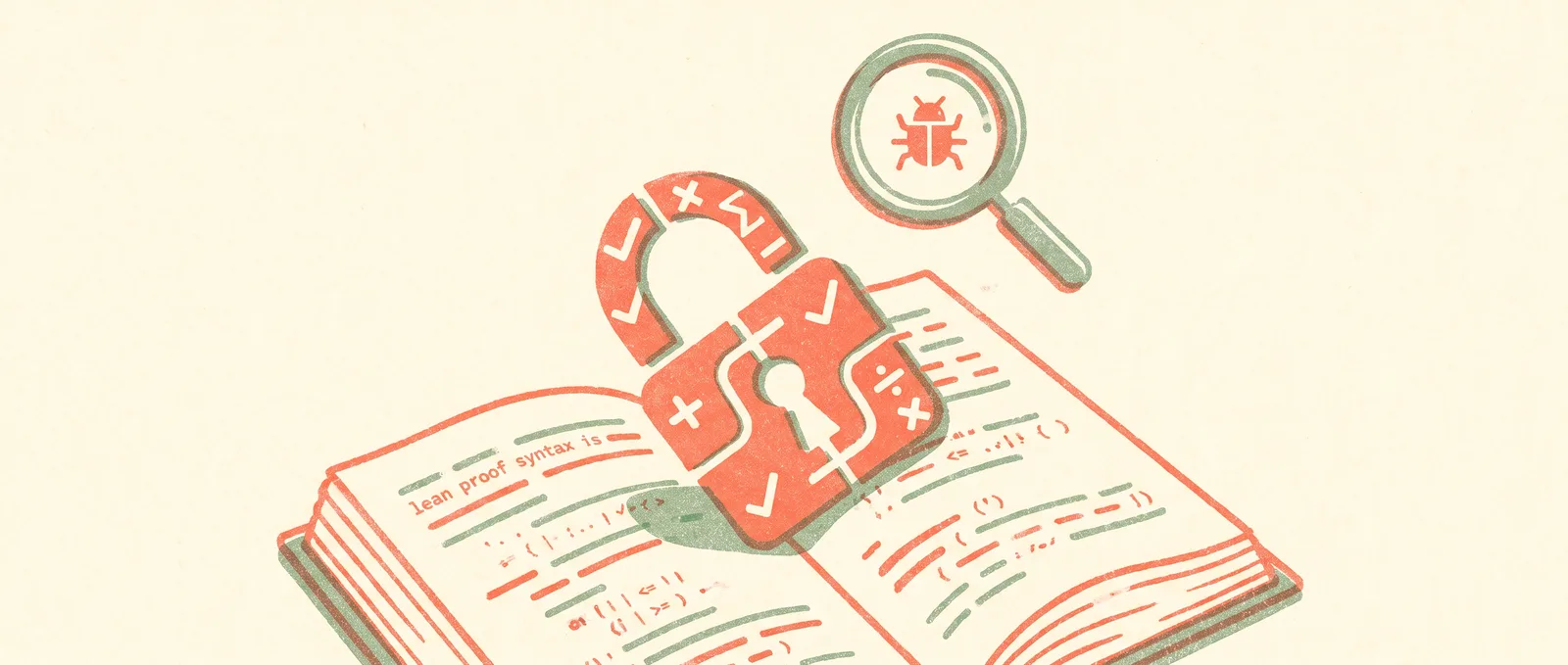 Risograph illustration of a padlock made of mathematical proof symbols on an open book, with a magnifying glass over a small bug icon