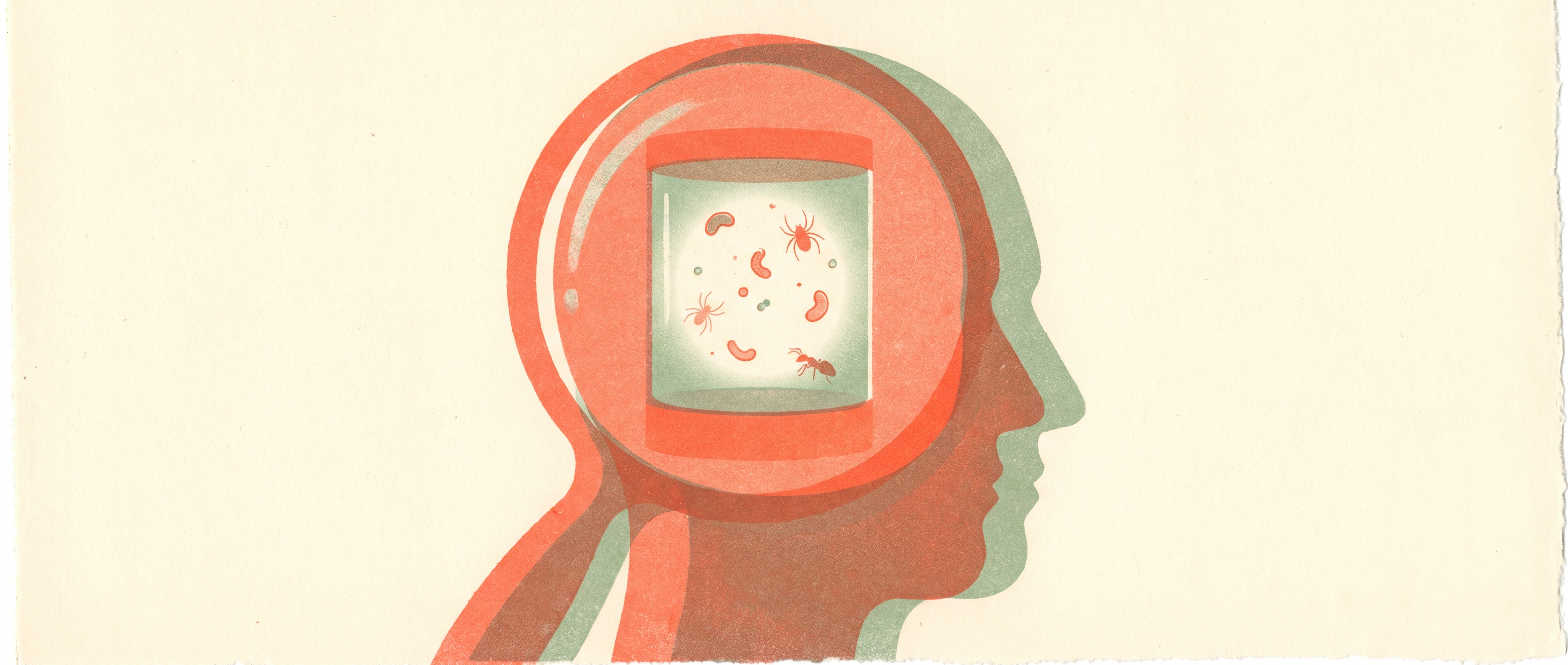 Risograph illustration of a large lens over a head silhouette revealing a tiny inner chamber of floating thought shapes