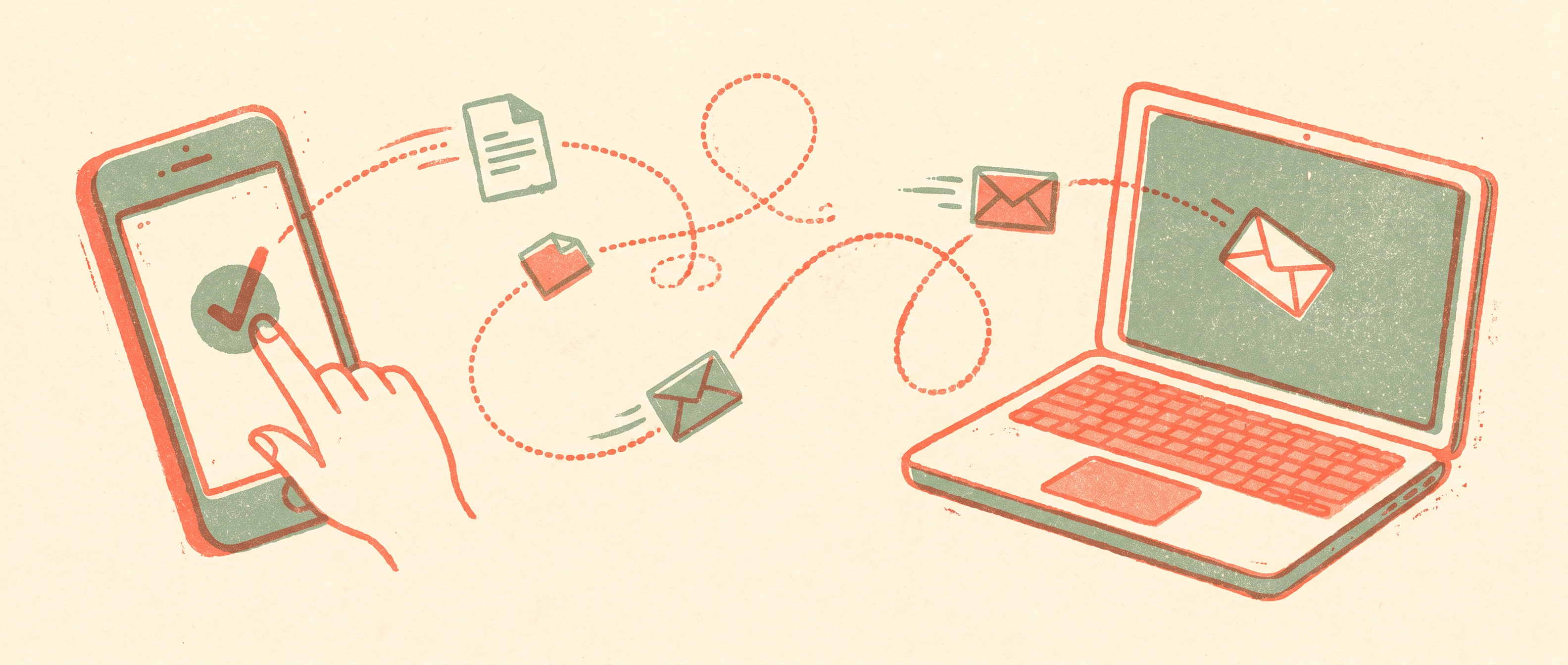Risograph illustration of a smartphone and laptop linked by a looping thread with tiny documents traveling along it