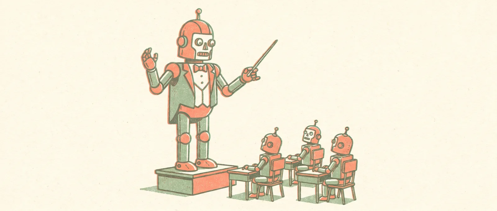Risograph illustration of a large conductor robot directing three small worker robots at desks