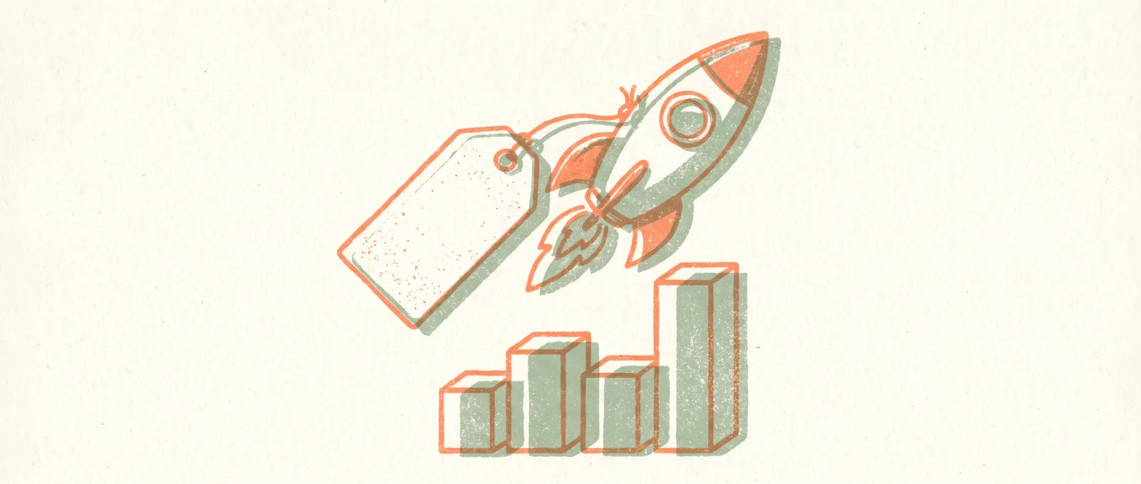 Risograph illustration of a rocket with an oversized price tag rising above a bar-chart podium