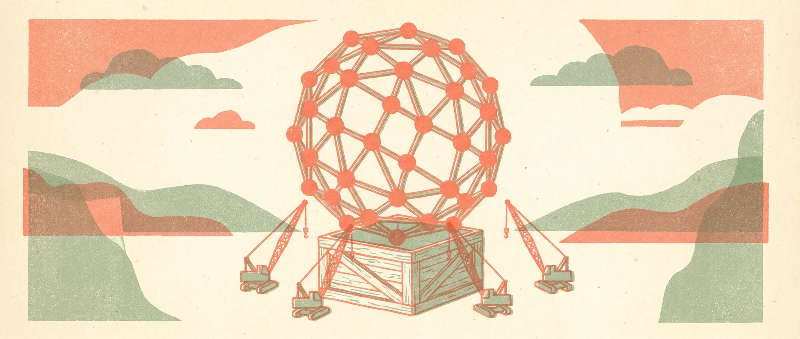 Risograph illustration of a colossal node sphere lifted from an open crate by tiny cranes