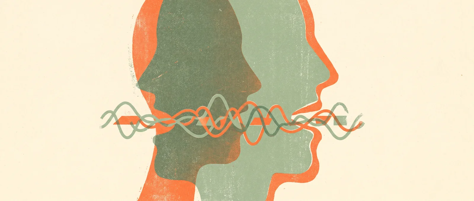 Two risograph face profiles in conversation with sound waves flowing in both directions between them