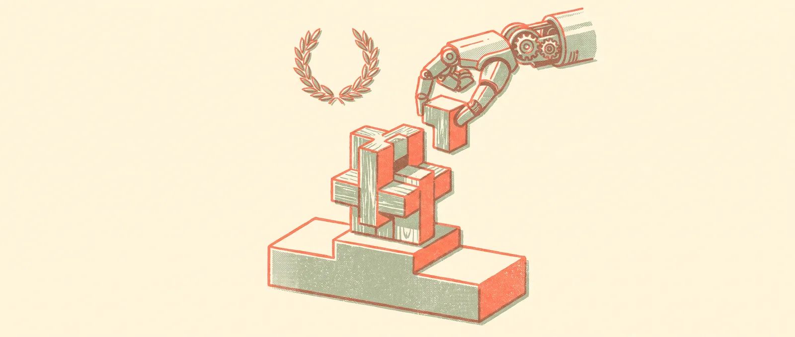 Risograph robot arm placing the final piece into a geometric puzzle on a winner's podium beneath a floating laurel wreath