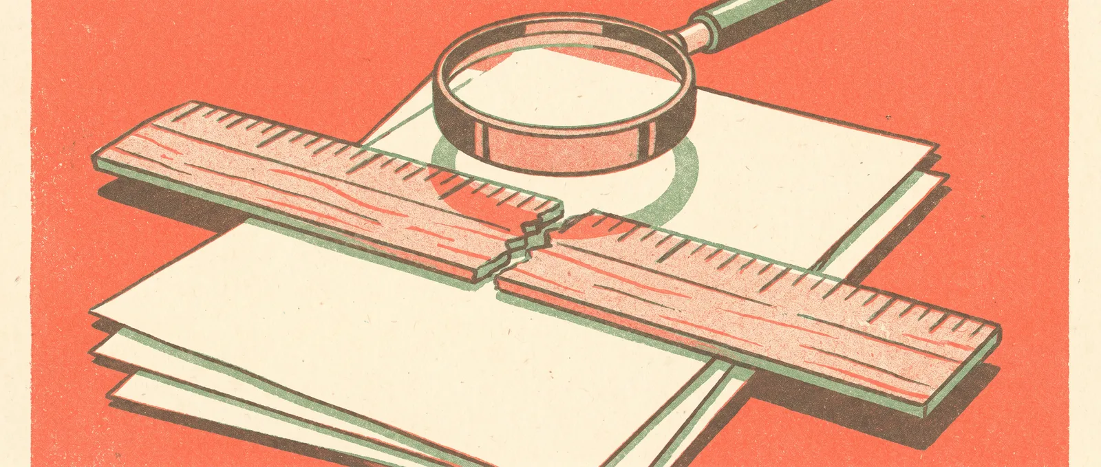 Risograph wooden ruler cracked in the middle over a pile of exam sheets, with a magnifying glass hovering above the crack