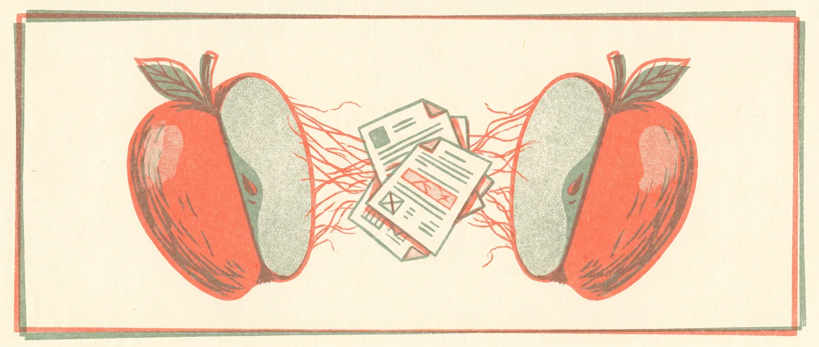 Paper apple pulled apart into two halves joined by fraying threads, with document sheets slipping through the gap