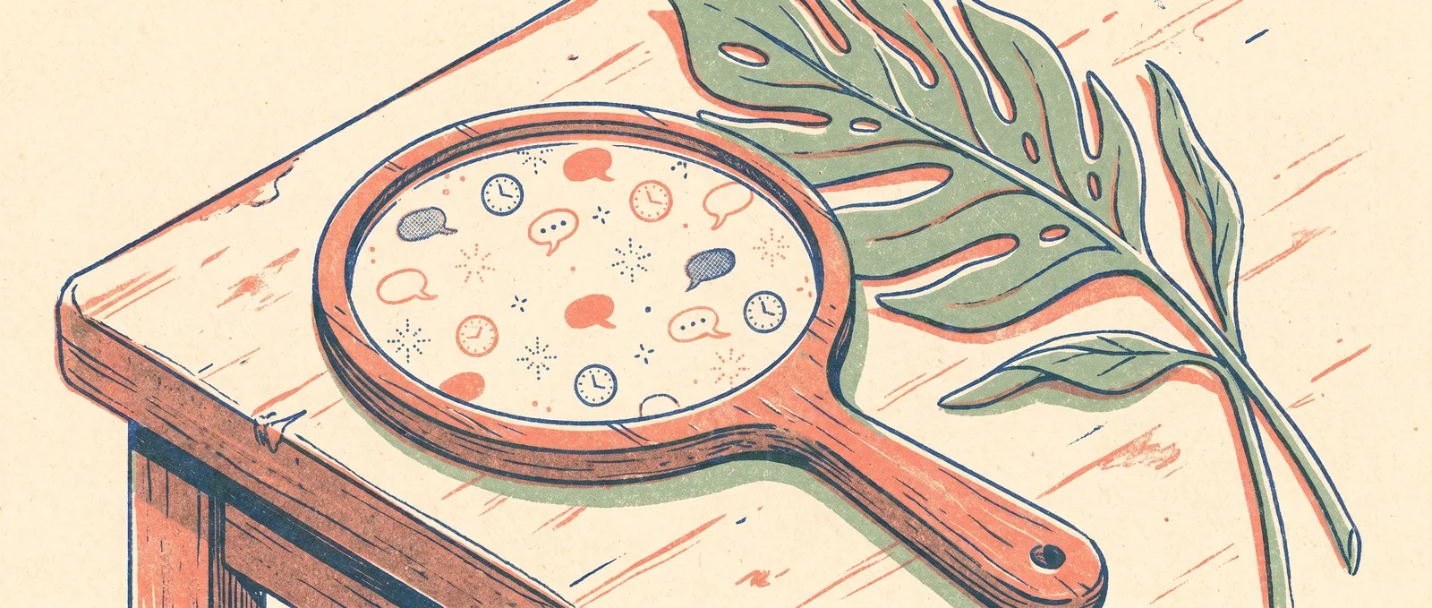 Hand mirror on a desk reflecting a calm constellation of chat bubbles, clock faces and stars