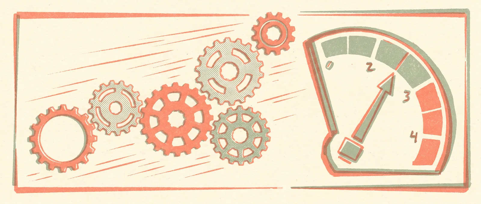 Seven ascending bicycle gears from tiny to large beside an analog dial pointing at the middle gear