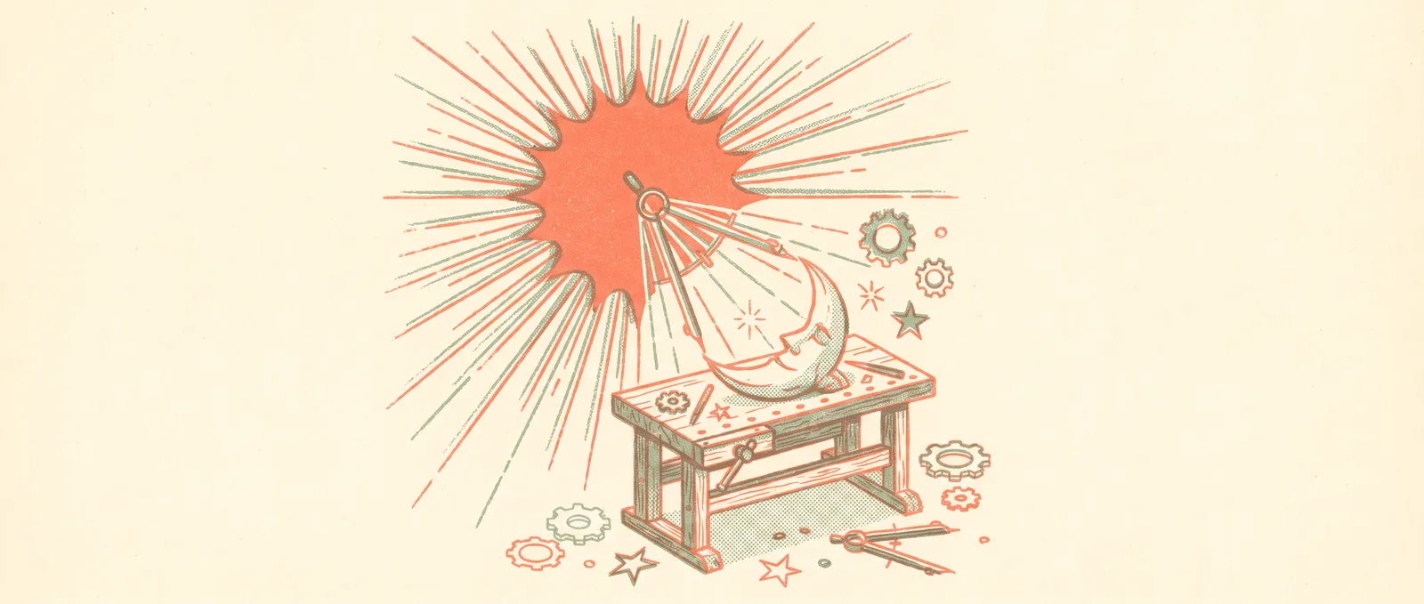Radiant sun leaning over a workbench, sculpting a small crescent moon with compass beams of light
