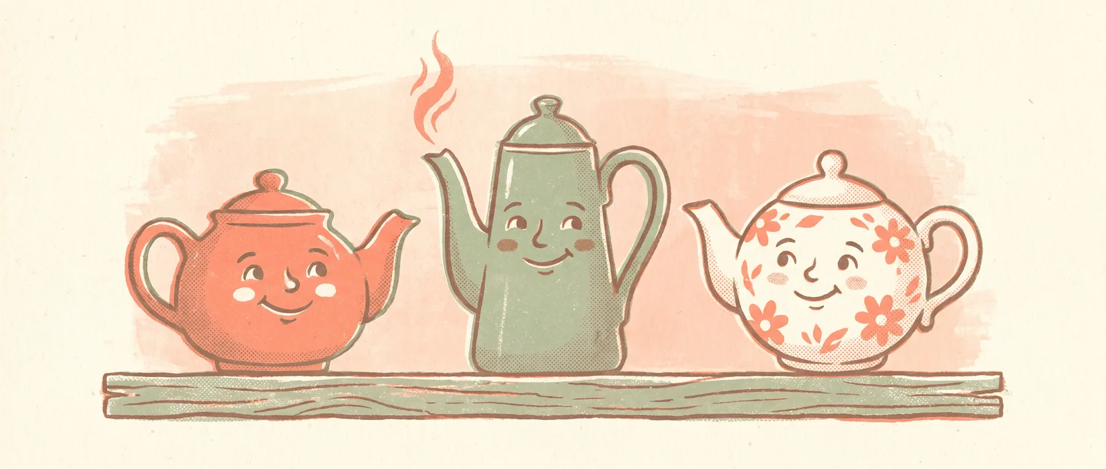 Three friendly teapots side by side on a wooden shelf, the middle one gently steaming