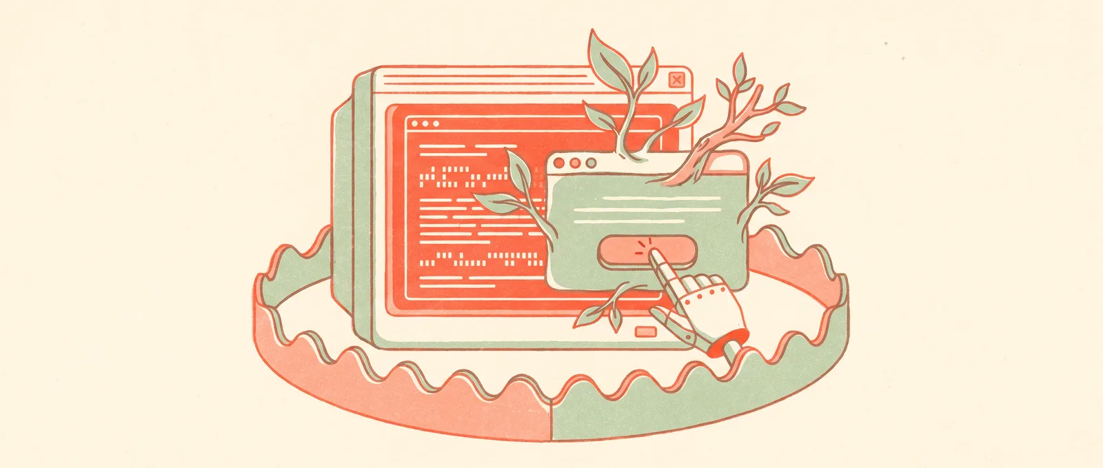 Retro terminal window sprouting a small browser window with a mechanical pointer hand, enclosed by a protective fence