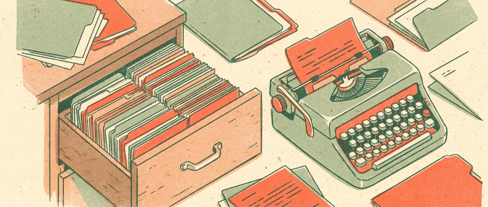 An open wooden drawer full of index cards with one card sliding into a vintage typewriter