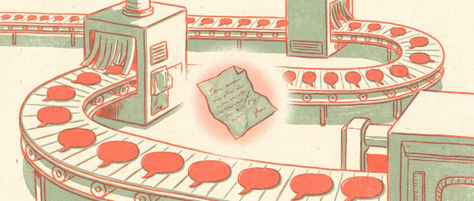 Conveyor belt churning out identical blank speech bubbles with one handwritten crumpled note standing out