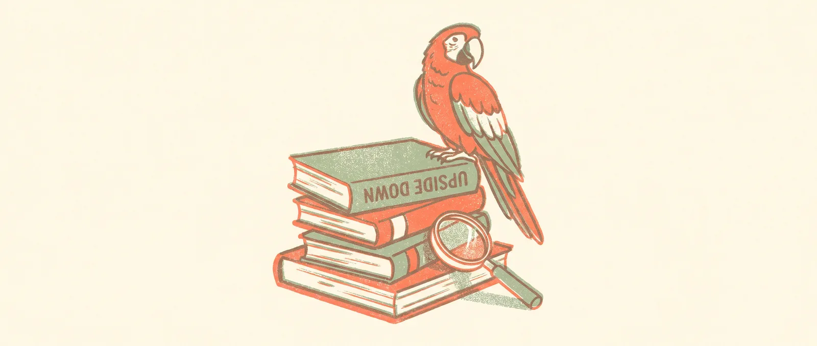 A confident parrot perched on a stack of books with one book upside down and a magnifying glass leaning against the stack